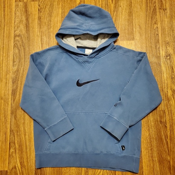 Vintage‎ Nike Hoodie Sweatshirt Boys Medium Blue Distressed Big Swoosh Y2K - Picture 2 of 12